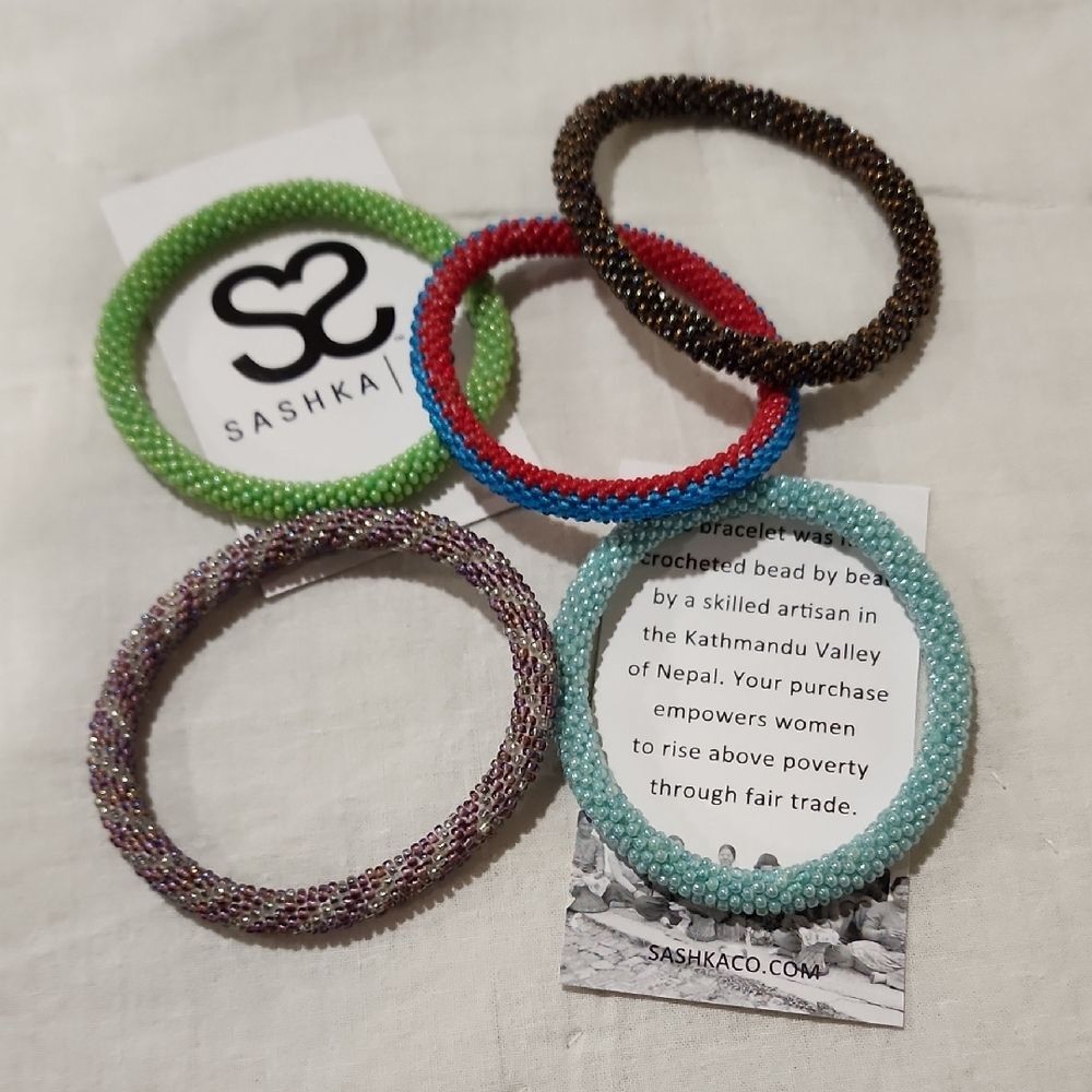 Sashka Hand Crocheted Glass Beaded Bracelets - each in its own Organza bag